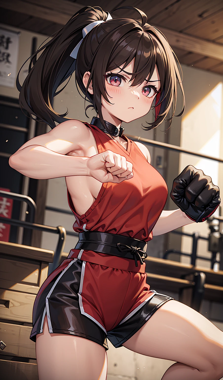 Human Woman、Serious expression、Underground Fighting Arena、Martial Arts Ring、Dark brown ponytail、Fighter、Uplifting、Shorts、Colorful fighting costume、Fighting Pose、Perfect hands、Perfect Fingers