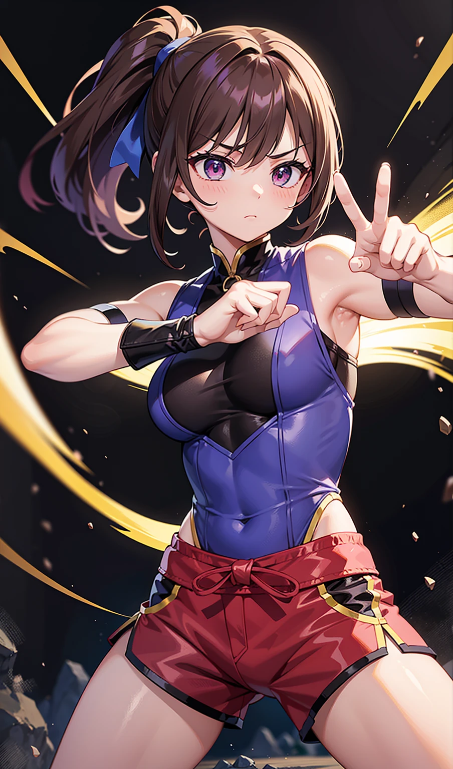 Human Woman、Serious expression、Underground Fighting Arena、Martial Arts Ring、Dark brown ponytail、Fighter、Uplifting、Shorts、Colorful fighting costume、Fighting Pose、Perfect hands、Perfect Fingers