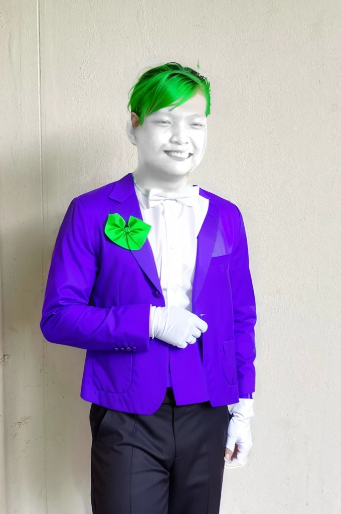 Bright green hair, typically styled in a slicked-back or wild, chaotic manner.
Makeup:
Pale white face, created either by permanent chemical bleaching or makeup.
Exaggerated red lips forming a wide, menacing grin.
Dark eye makeup around the eyes, enhancing his sinister look.
Attire:
Suit: The Joker is most often depicted wearing a purple suit, which includes a purple jacket and matching pants.
Shirt: A green or sometimes orange dress shirt, often with a ruffled front.
Vest: A contrasting vest, often green or yellow, adding to the colorful, clown-like appearance.
Tie or Bow Tie: A green bow tie or a long, thin tie, usually in a bright color.
Gloves: Purple gloves, completing the formal yet flamboyant look.
Shoes: Two-tone dress shoes, typically black and white, or sometimes purple to match the suit.
Accessories:
Flower: Often has a boutonnière on his lapel, which sometimes doubles as a weapon, such as squirting acid.
Cane: Occasionally seen with a cane, adding to his theatrical, over-the-top persona.
Playing Cards: The Joker is known for carrying Joker playing cards, which he uses as calling cards or weapons.