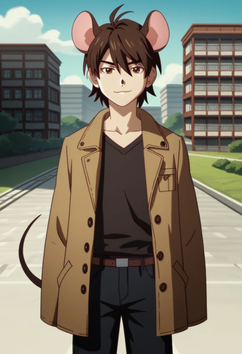 high_quality, 4k, masterpiece, 1boy, solo, kemonomimi, Mouse_boy, mouse_ears, mouse_tail, chin_length_brown_hair, brown eyes, young, short, 1840s_era_clothing, tattered_clothing, Frock_coat, red_cravat, smug, fair-skinned, looking_up_at_viewer, outdoors