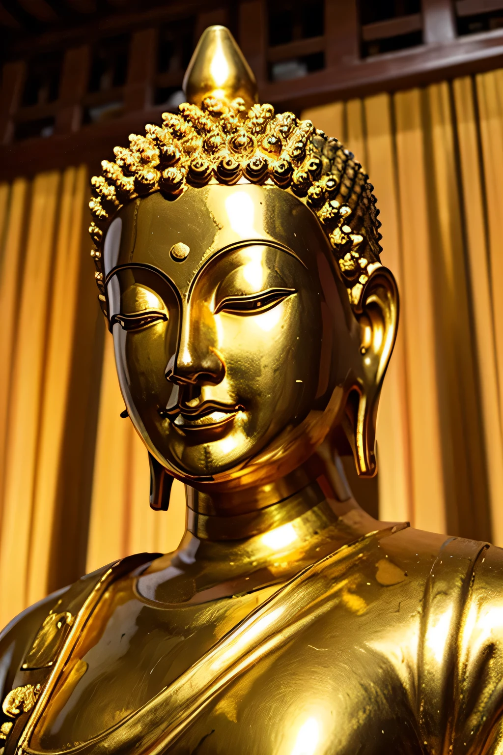 A close-up shot of a golden Buddhist statue against the backdrop of Jetavana Monastery.
