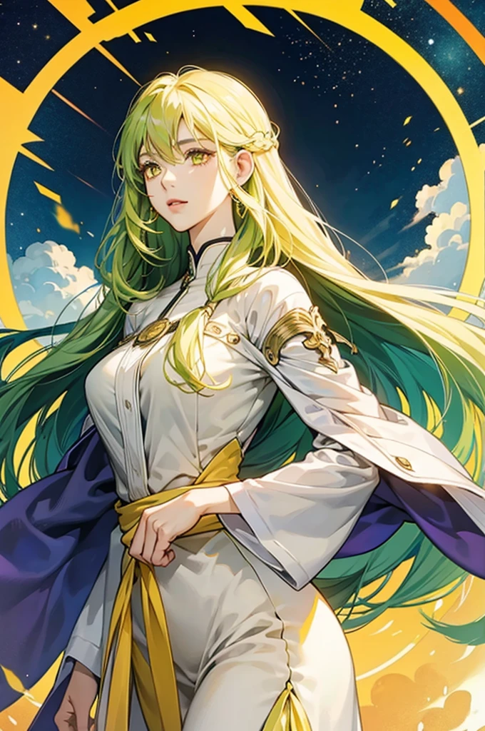 A mature and calm lady、tall、Long limbs、solo、Mouth open、Yellow-green long hair、Yellow Eyes、anime