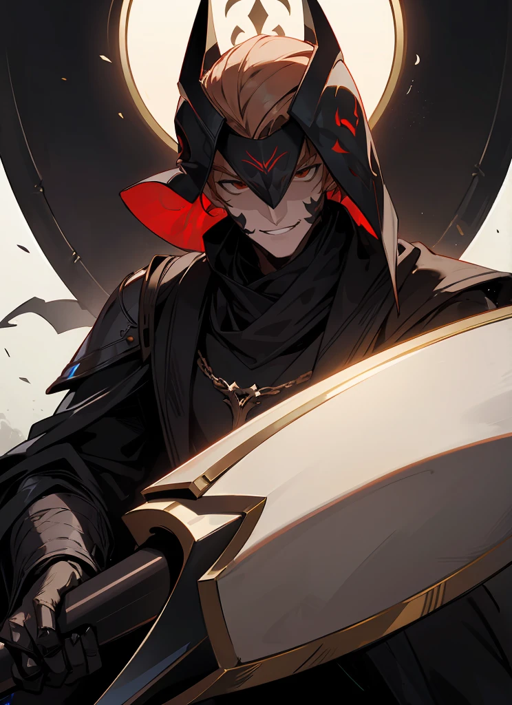 1 , handsome fashion hair,bronze hair highlightwhite, fanstasy, smile face, male ,fantasy, reaper, hunter with blackshortsword, villian face, black armor , darkness wolrd, bad, devil mask