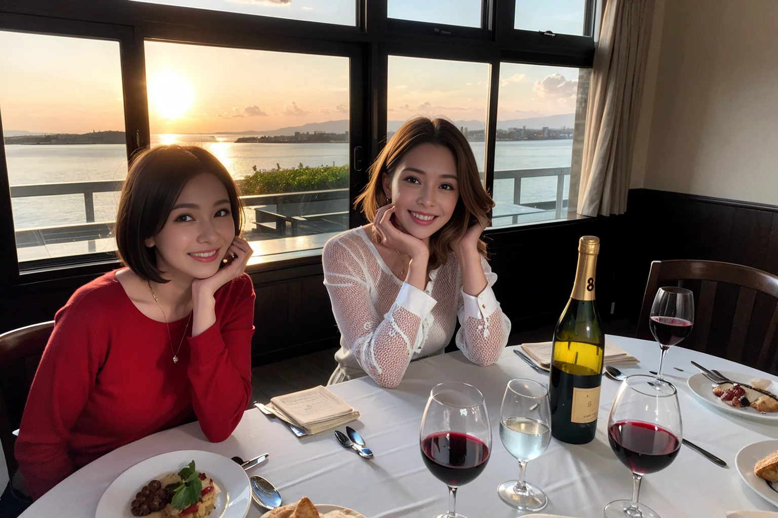 ((Highest quality、8K、masterpiece:1.3))、 (Ultra-realistic、 Genuine、Bright image、Intricate details:1.2), 最高のsmile、1 male 1 female、Beautiful couple、love love love、Lovers in Yokohama、Good friends、actress couple、smile、Full-course dinner at a packed table、 (Slim face), (the body is slim), (Brown Hair), (short hair), テーブルのwine glass、Please shine a light on my face、 Amazing view of the sunset sky and clouds、36 years old 39 years old, red wine 、Wine bottle、sparkling wine、Long sleeve shirt、dress、White wine, red wine, wine glass,
