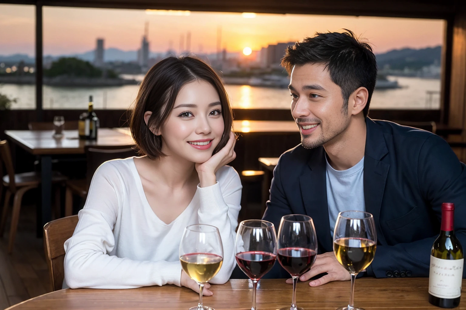 ((Highest quality、8K、masterpiece:1.3))、 (Ultra-realistic、 Genuine、Bright image、Intricate details:1.2), 最高のsmile、1 male 1 female、Beautiful couple、love love love、Lovers in Yokohama、Good friends、actress couple、smile、Full-course dinner at a packed table、 (Slim face), (the body is slim), (Brown Hair), (short hair), テーブルのwine glass、Please shine a light on my face、 Amazing view of the sunset sky and clouds、36 years old 39 years old, red wine 、Wine bottle、sparkling wine、Long sleeve shirt、dress、White wine, red wine, wine glass,