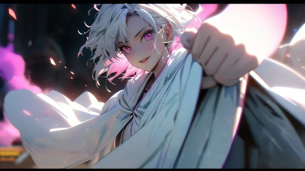 (solo), white hair, messy hair, mane hair, short hair, short hair, dense hair, wild hair, expressive hair, mature,(25 year old), pale skin, pink eyes, ((female)), wearing a white robe, white cloak,, rolled up sleeves, beautiful, attractive, eye reflection, medium breast, medium ass, smiling, depth of field, colorful thunder aura, colorful cinematic lighting, purple ray tracing, depth of field, cinematic lighting, purple ray tracing, UHD, high details, best quality, highres, high quality, award winning, super detail, masterpiece, 8k, UHD, high details, best quality, highres, high quality, award winning, super detail, masterpiece, 8k, digital art, anime coloring, full body shot, body shot, In a fighting position, Hand to hand combat, good face, perfect face, detailed face, good eyes, looking towards the screen.