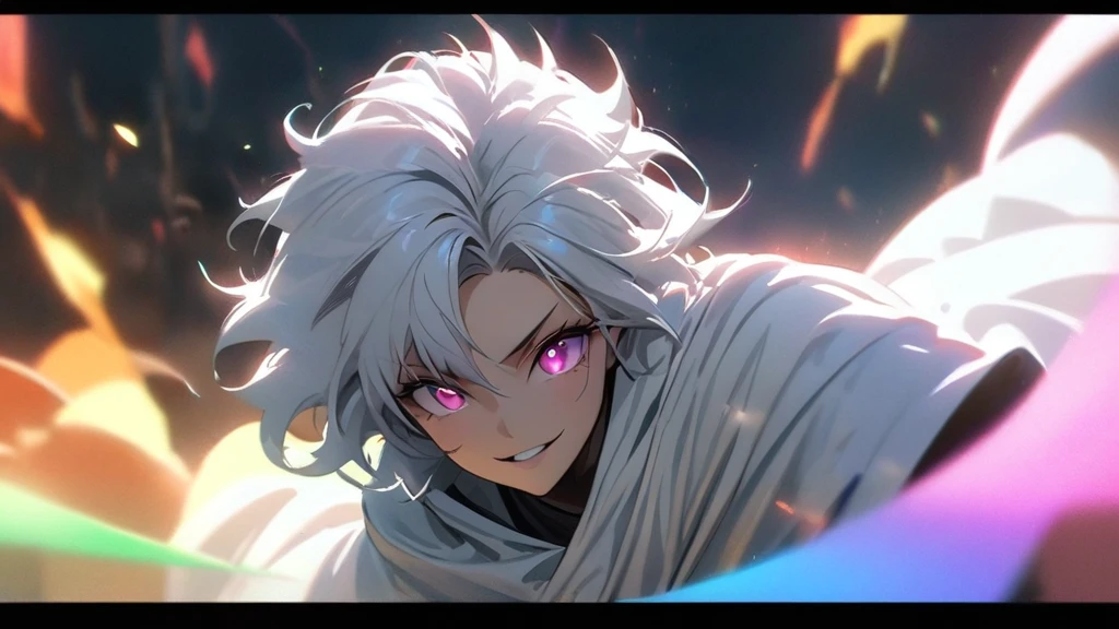 (solo), white hair, messy hair, mane hair, short hair, short hair, dense hair, wild hair, expressive hair, mature,(25 year old), pale skin, pink eyes, ((female)), wearing a white robe, white cloak,, rolled up sleeves, beautiful, attractive, eye reflection, medium breast, medium ass, smiling, depth of field, colorful thunder aura, colorful cinematic lighting, purple ray tracing, depth of field, cinematic lighting, purple ray tracing, UHD, high details, best quality, highres, high quality, award winning, super detail, masterpiece, 8k, UHD, high details, best quality, highres, high quality, award winning, super detail, masterpiece, 8k, digital art, anime coloring, full body shot, body shot, In a fighting position, Hand to hand combat, good face, perfect face, detailed face, good eyes, looking towards the screen.