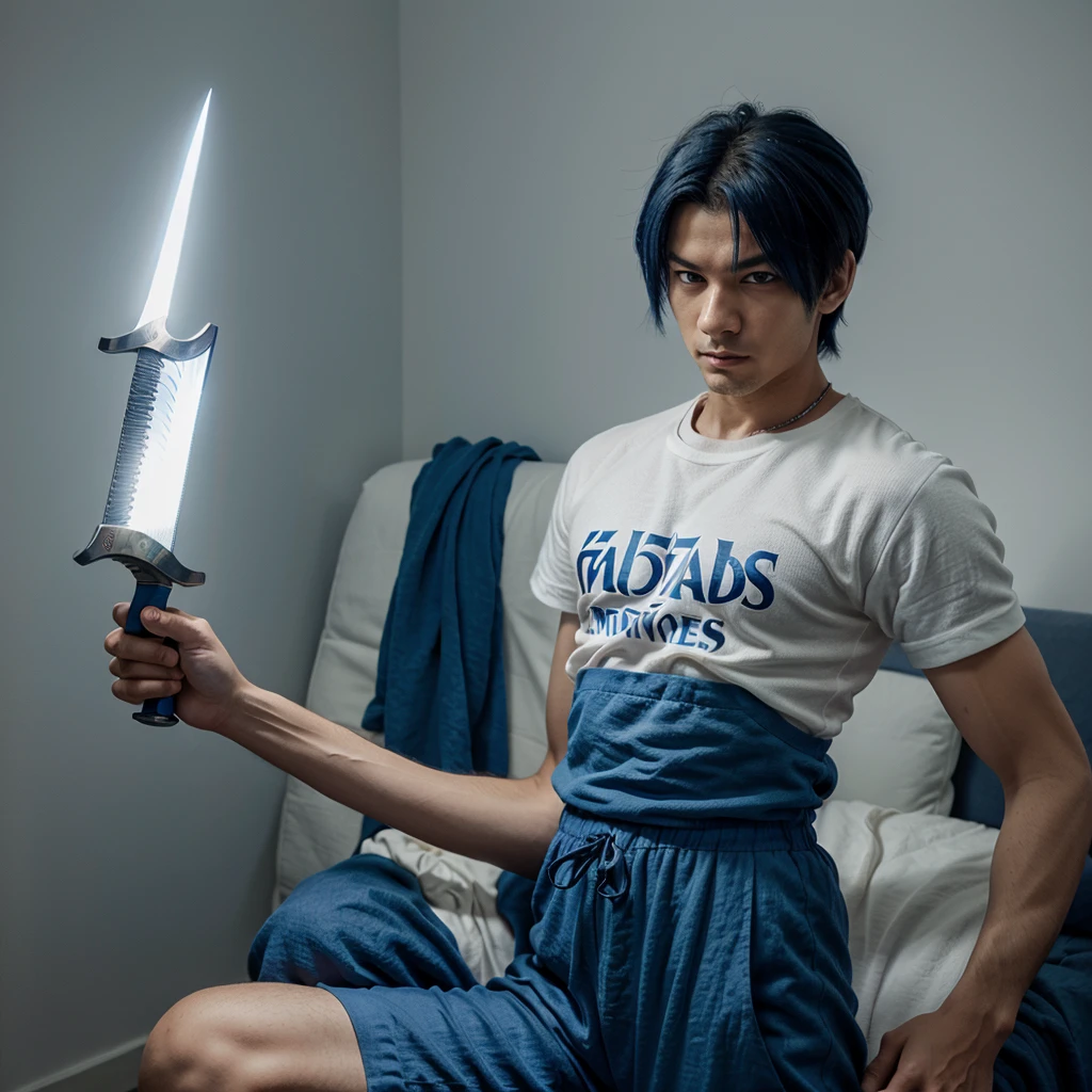 Anime Dragon Ball, wearing a Real Madrid shirt, and in his hand is a lighted linen sword, blue in color