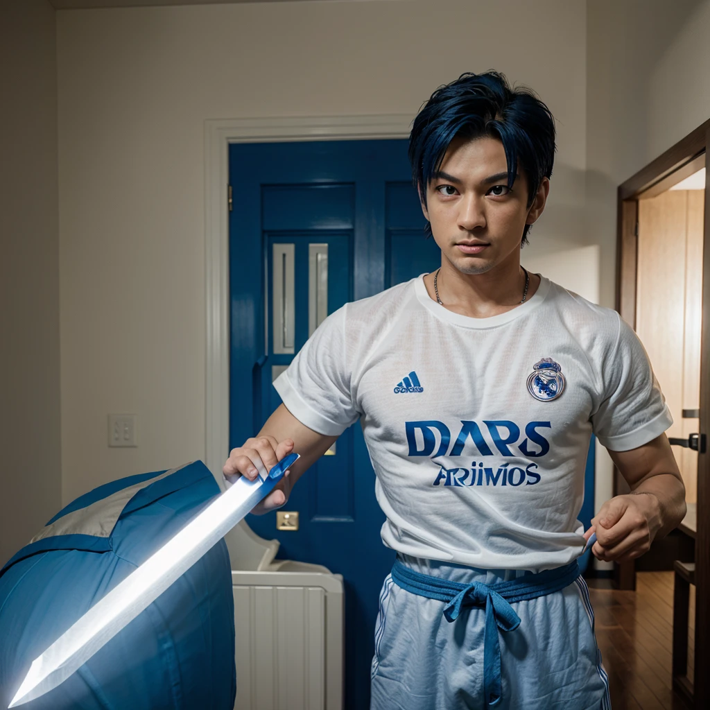 Anime Dragon Ball, wearing a Real Madrid shirt, and in his hand is a lighted linen sword, blue in color