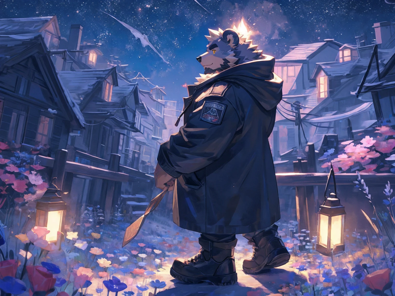 (masterpiece:1.2), best quality,pixiv,official art,perfect anatomy, (Ray tracing, light),solo, (1_male:1.3) , (muscle), (grey fur:1.4), (muscle bear), (beard:1.2), (gleaming golden eyes), bear tail, Thick black eyebrows,(black hoodie coat), (naked inside), cargo pants, short boots, A skyline at night, with twinkling stars and a bright Milky Way. character is running on the flower road