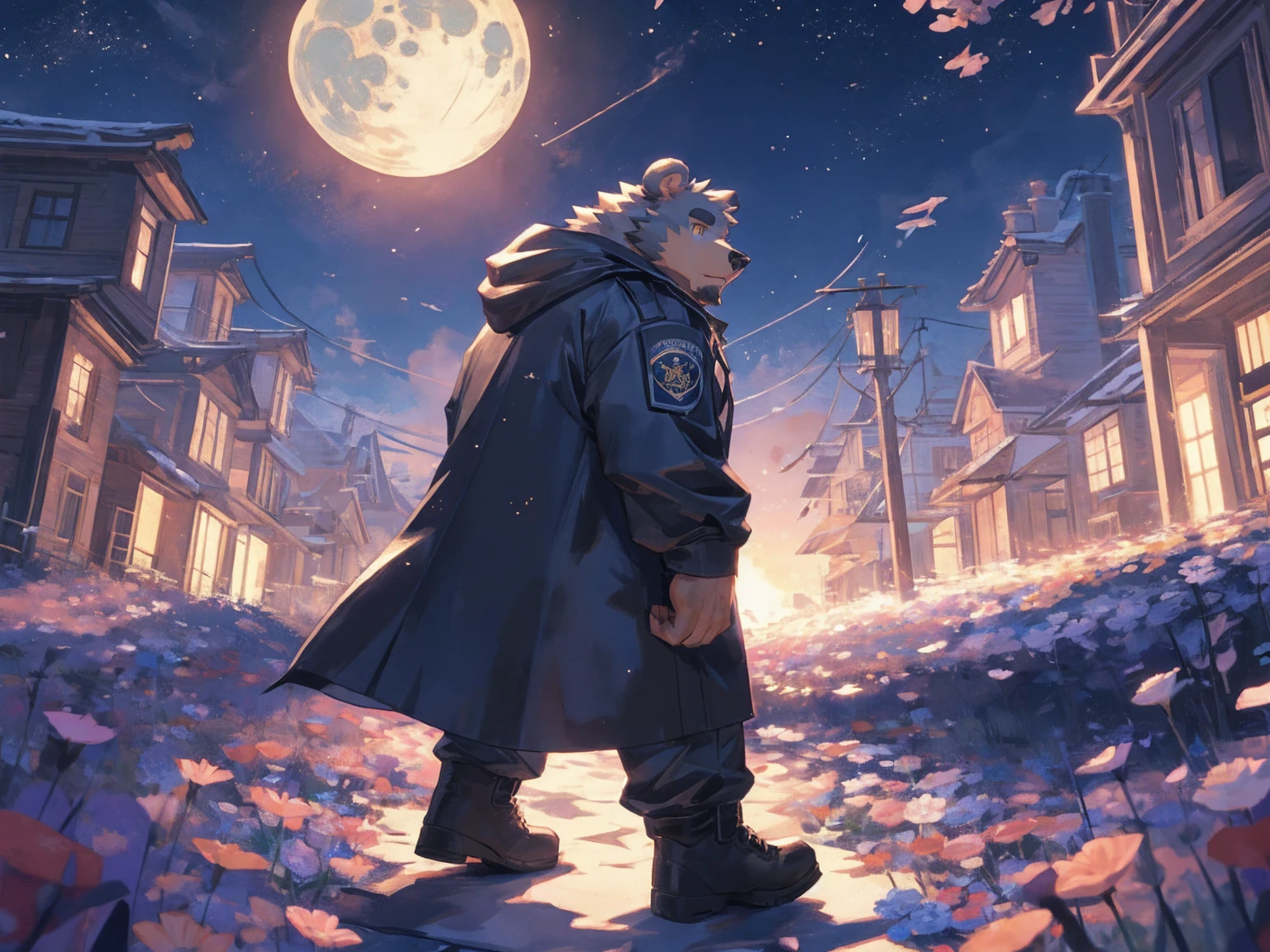 (masterpiece:1.2), best quality,pixiv,official art,perfect anatomy, (Ray tracing, light),solo, (1_male:1.3) , (muscle), (grey fur:1.4), (muscle bear), (beard:1.2), (gleaming golden eyes), bear tail, Thick black eyebrows,(black hoodie coat), (naked inside), cargo pants, short boots, A skyline at night, with twinkling stars and a bright Milky Way. character is running on the flower road