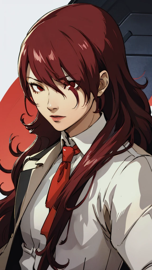 Mitsuru kirijo, portrait, suit, tie, red eyes, long hair, hair over one eye 