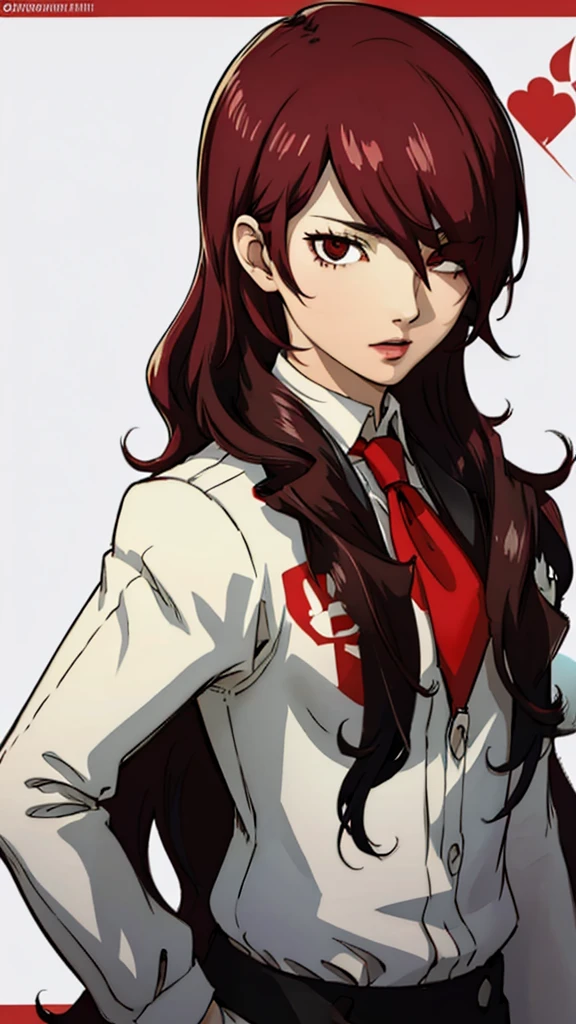 Mitsuru kirijo, portrait, suit, tie, red eyes, long hair, hair over one eye 