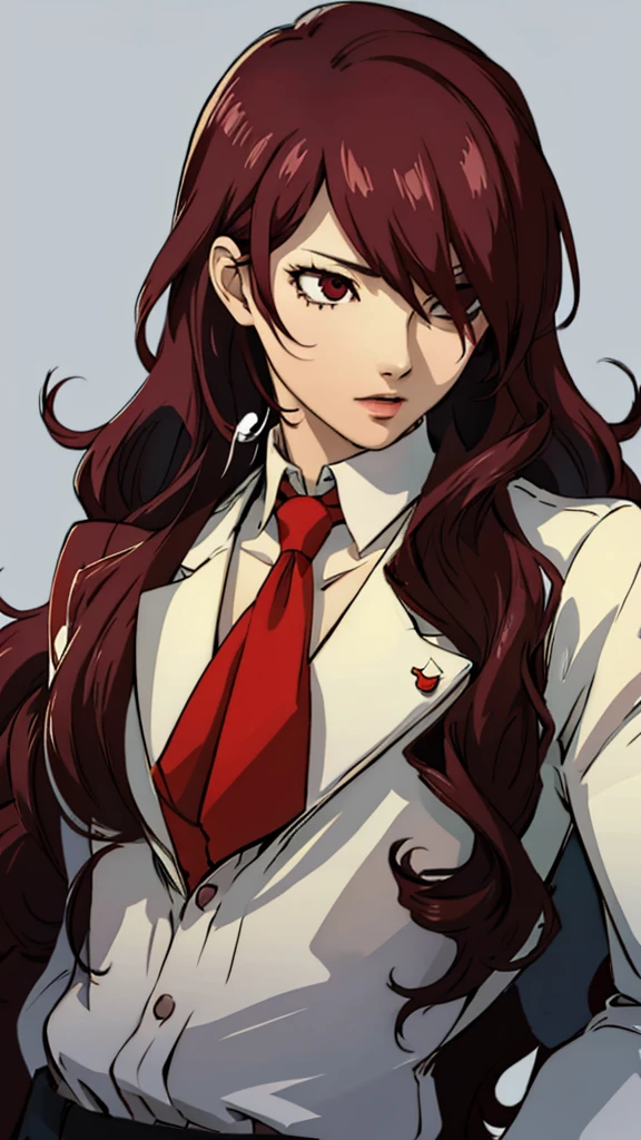 Mitsuru kirijo, portrait, suit, tie, red eyes, long hair, hair over one eye 