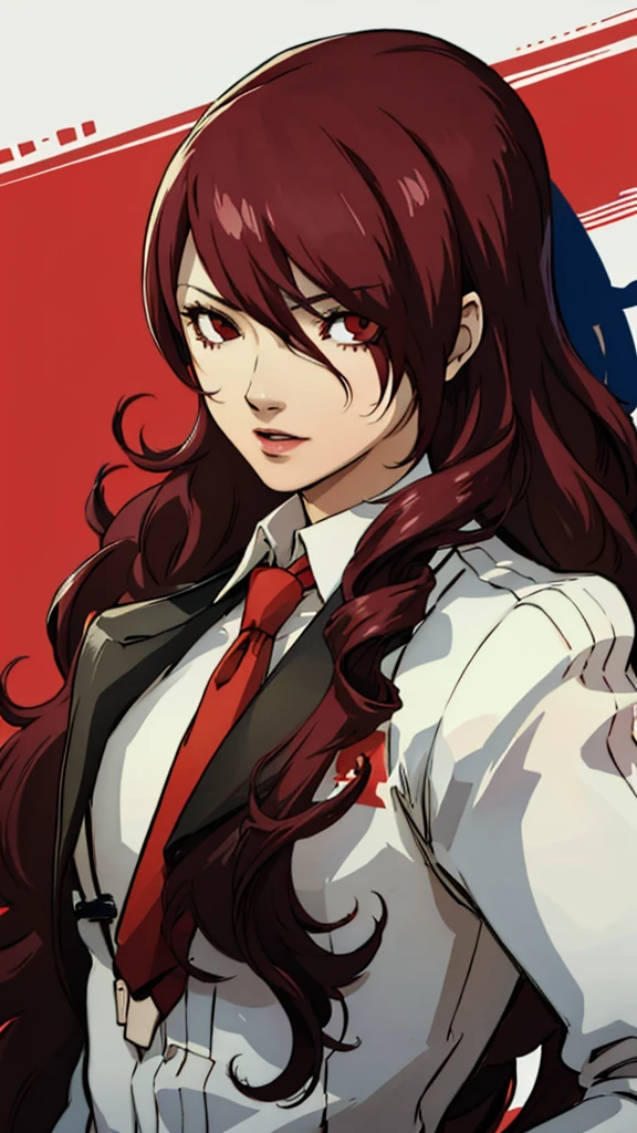 Mitsuru kirijo, portrait, suit, tie, red eyes, long hair, hair over one eye 