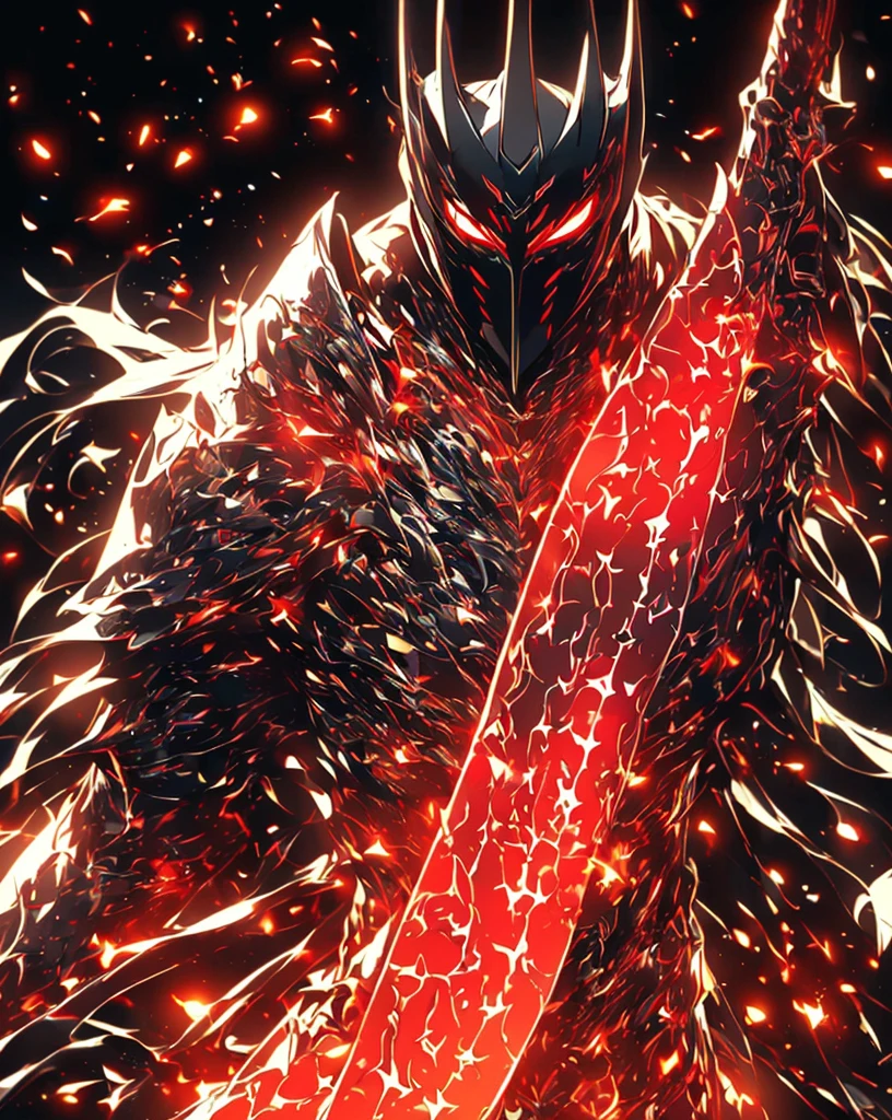 Super Realistic, Hyper Realistic, Super Detailed, (cybersamurai, 1boy, ((solo)), attacking with red sword, wearing black-red armor and mask, cape, glowing beautiful red eyes, glow:1.3) (glowing simple black background:1.25),