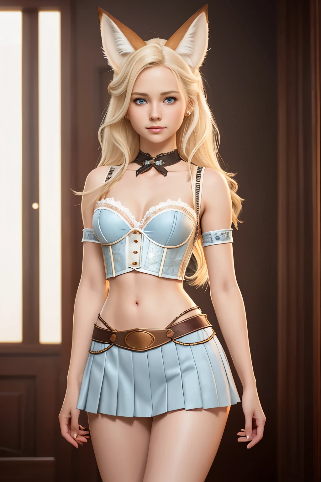 close up 1girl in, teenager, Solo, Aesthetic artwork, blond, straight blonde hair, super long blonde hair, light blue eyes,  some small freckles, pale skin, A-cup, (large fox ears:1.25), small breasts, runners body, (thin hips, thin waist: 1.25), detailed skin, shy smile, wearing a steampunk outfit with lace, leather corset, ornamental copper parts, portrait, pleated skirt, 50mm, 8k textures, soft cinematic light, RAW intricate, elegant, highly detailed, sharp focus, ((((cinematic look)))), soothing tones, insane details, intricate details, hyperdetailed, low contrast, soft cinematic light, dim colors, exposure blend, hdr, faded