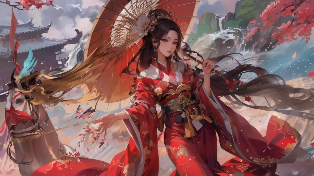 anime girl in red kimono with umbrella and horse in the background, a beautiful fantasy empress, onmyoji detailed art, palace , a girl in hanfu, by Yang J, japanese goddess, onmyoji, anime fantasy illustration, anime fantasy artwork, detailed digital anime art, beautiful digital artwork, inspired by Ju Lian, rossdraws sakimimichan, anime goddess