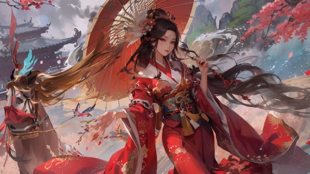 anime girl in red kimono with umbrella and horse in the background, a beautiful fantasy empress, onmyoji detailed art, palace , a girl in hanfu, by Yang J, japanese goddess, onmyoji, anime fantasy illustration, anime fantasy artwork, detailed digital anime art, beautiful digital artwork, inspired by Ju Lian, rossdraws sakimimichan, anime goddess