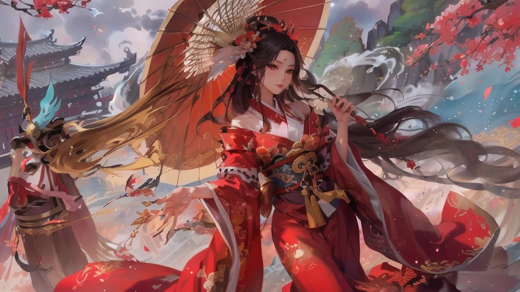 anime girl in red kimono with umbrella and horse in the background, a beautiful fantasy empress, onmyoji detailed art, palace , a girl in hanfu, by Yang J, japanese goddess, onmyoji, anime fantasy illustration, anime fantasy artwork, detailed digital anime art, beautiful digital artwork, inspired by Ju Lian, rossdraws sakimimichan, anime goddess