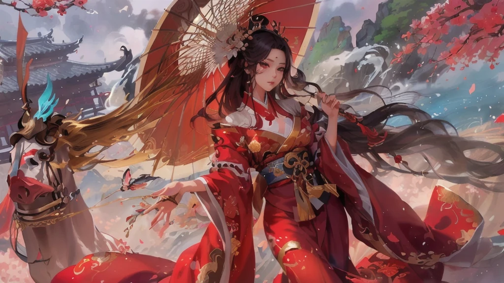anime girl in red kimono with umbrella and horse in the background, a beautiful fantasy empress, onmyoji detailed art, palace , a girl in hanfu, by Yang J, japanese goddess, onmyoji, anime fantasy illustration, anime fantasy artwork, detailed digital anime art, beautiful digital artwork, inspired by Ju Lian, rossdraws sakimimichan, anime goddess