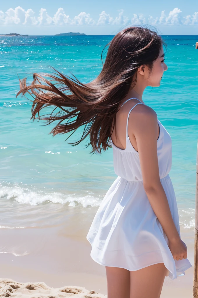 A beautiful beach with clear blue water and white sand, a high school girl standing at the edge of the waves, looking out to the sea with a gentle sea breeze blowing through her hair, evoking a sense of youthful freedom.