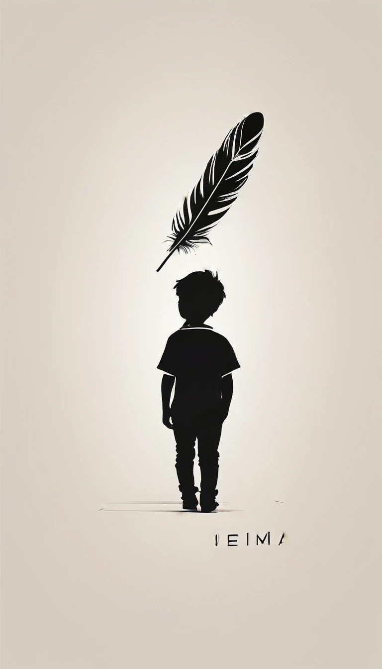 A minimalist, fantastic, poetic, dreamy, captivating, memorable, masterpiece, modern, simple logo design of a boy and a feather for the brand “Penamemoria". The logo must convey a sense of music, stories and dreams. Minimalistic logo design of a boy and a feather.