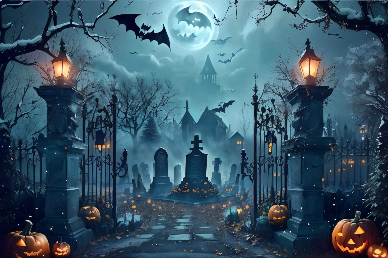 halloween scene with pumpkins and bats in a cemetery, halloween scene, Dark cemetery scene, Graveyard Background, Spooky atmosphere, Scary magic background, graveyard landscape at night, haunted background, Halloween theme, halloween atmosphere, Creepy的背景, Bats fly over tombstones, scary halloween night, graveyard landscape, spooky Halloween theme, Creepy, terrible night, haunted house themed