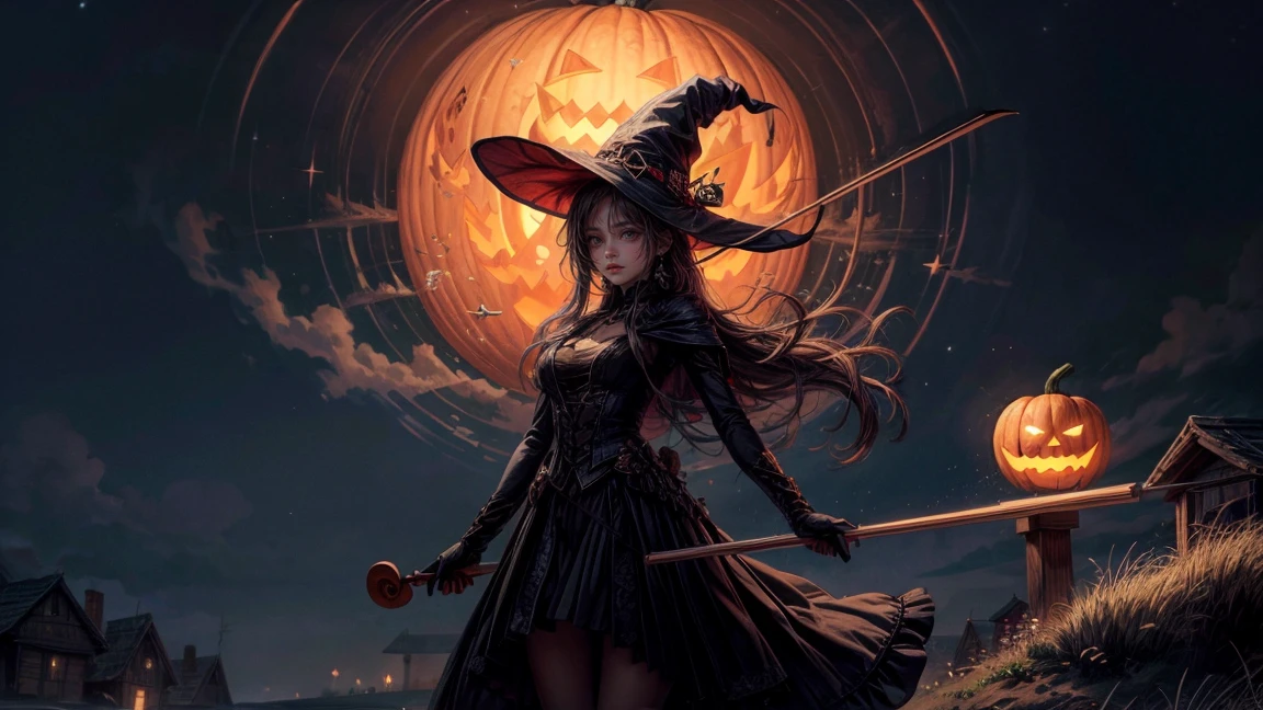 Generate a high-definition image of a witch riding a broomstick. The background is a windy night sky, and the witch is holding a Jack-o'-lantern. The witch is dressed in a black dress and a pointed hat, with her hair flowing in the wind. The witch should be playing a violin. The witch should be anatomically accurate and detailed. The overall atmosphere should be fantastical and magical.