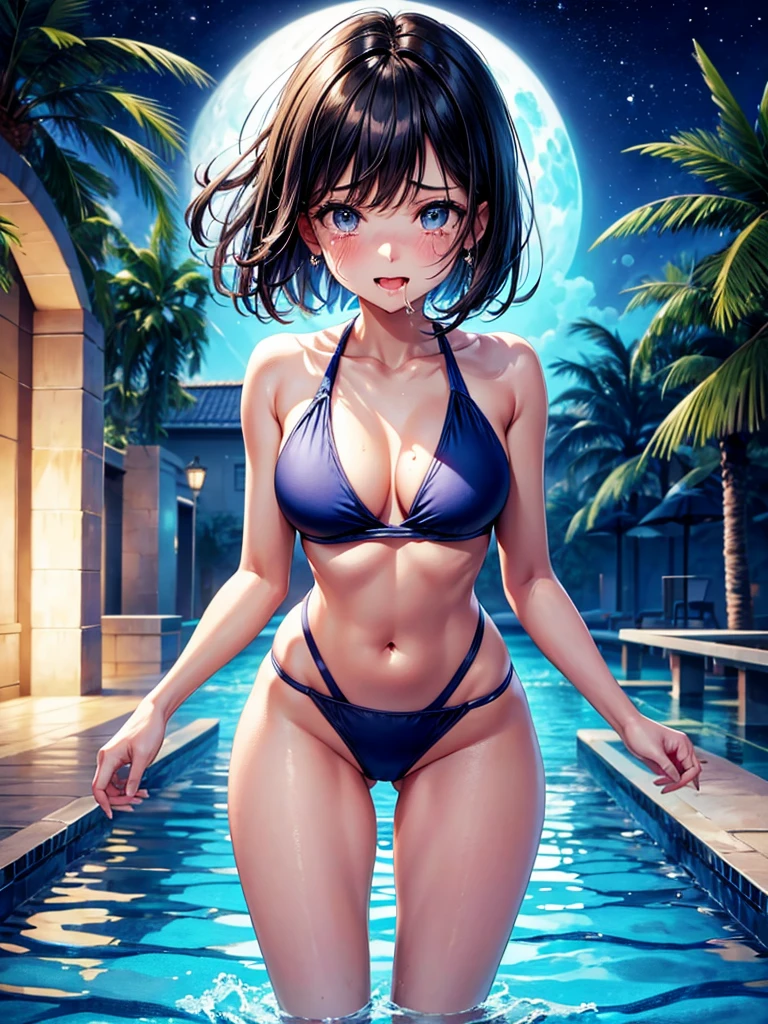 Highest Resolution,Highest quality,1People Girls,beautiful girl,Full body close-up,The body is frontal,looking at the camera,Standing posture,Crying face,Tears,Stringy saliva,Open your mouth,Sticking out tongue,Saliva,Tears overflow,Dripping a lot of saliva,Drooling,Swimsuits by the pool at night,Night view,High leg,Short Bob,