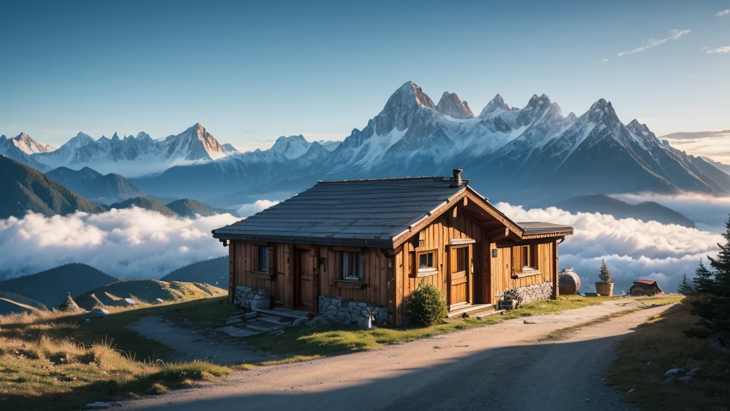 A mountain hut near the top of the mountain, Mountain huts and a sea of clouds:1.3, (masterpiece), (best quality), (Ultra-high detail)