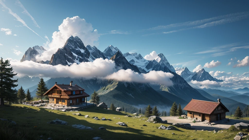 A mountain hut near the top of the mountain, Mountain huts and a sea of clouds:1.3, (masterpiece), (best quality), (Ultra-high detail)