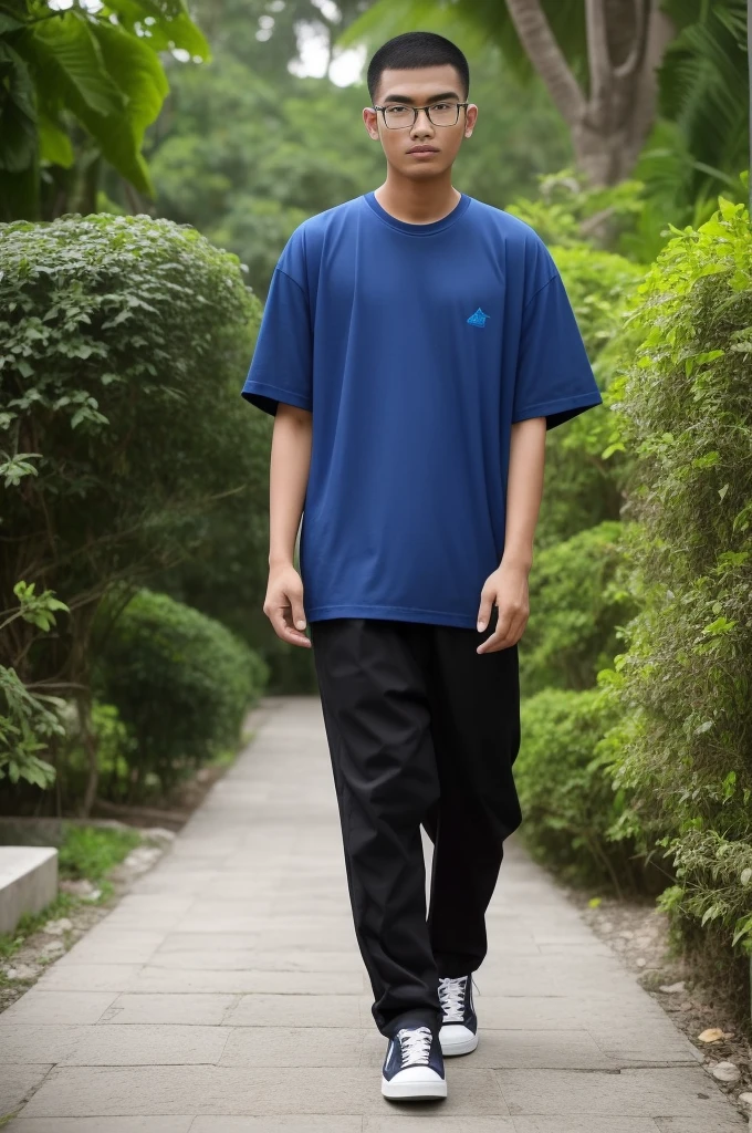 21 year old Indonesian boy, he is wearing a oversize xxl blue plain t-shirt, he is wearing black trousers, he is wearing sneakers, he is wearing glasses, garden, full body, "he is buzz cut Hair", foot, walking