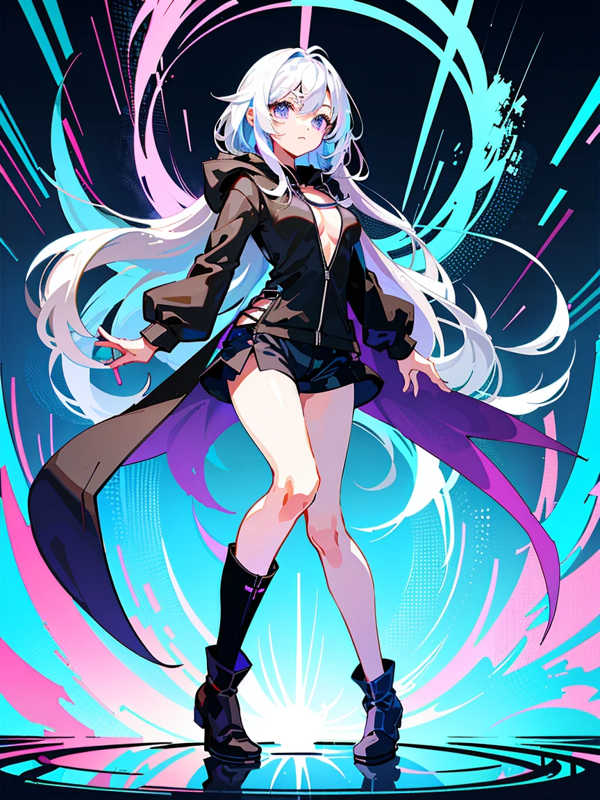 (Fine and beautiful eyes)、long hair,Long, blue-gray hair,Two moleole under the eye,Beautiful purple eyes,Detailed eyes,Detailed face,Large breasts,Black Hoodie、Thin legs,Long black boots、High resolution eyes、Jewel-like eyes、Straight Hair、Minimally revealing clothing、Short, oversized black shorts、Shorts that cover the knees,Extreme Detail、High resolution、Shining Eyes