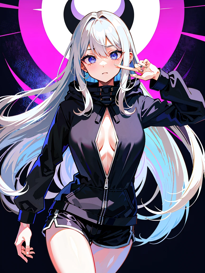 (Fine and beautiful eyes)、long hair,Long, blue-gray hair,Two moleole under the eye,Beautiful purple eyes,Detailed eyes,Detailed face,Large breasts,Black Hoodie、Thin legs,Long black boots、High resolution eyes、Jewel-like eyes、Straight Hair、Minimally revealing clothing、Short, oversized black shorts、Shorts that cover the knees,Extreme Detail、High resolution、Shining Eyes