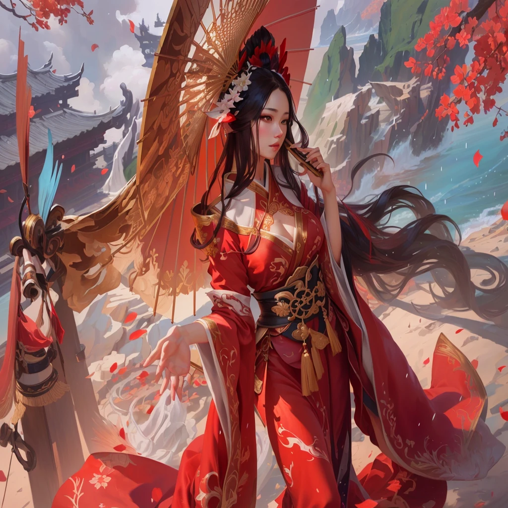 a woman in red dress hanfu holding an umbrella and fan, onmyoji detailed art, onmyoji, a beautiful fantasy queen, artgerm and ruan jia, onmyoji portrait, extremely detailed artgerm, detailed artgerm, ruan jia and artgerm, sea queen mu yanling, artist mop