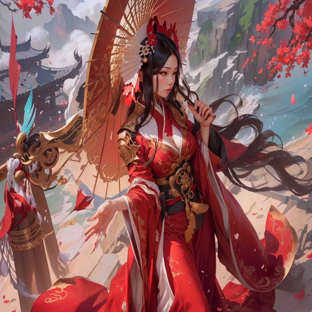 a woman in red dress hanfu holding an umbrella and fan, onmyoji detailed art, onmyoji, a beautiful fantasy queen, artgerm and ruan jia, onmyoji portrait, extremely detailed artgerm, detailed artgerm, ruan jia and artgerm, sea queen mu yanling, artist mop