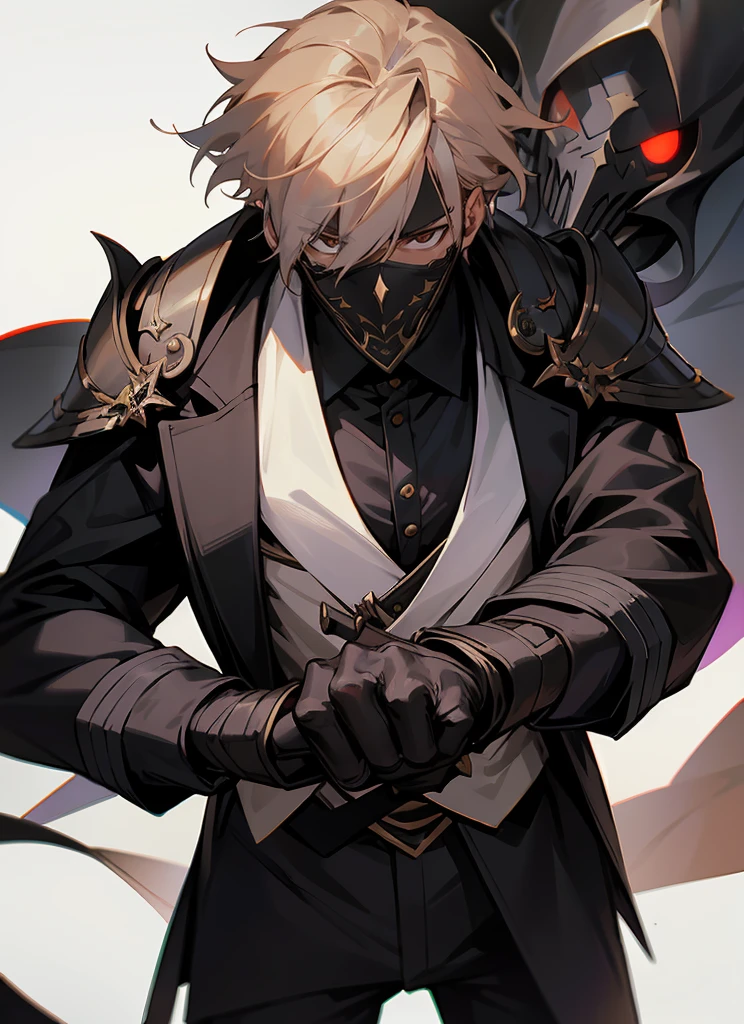 1 , handsome fashion hair,bronze hair highlightwhite, fanstasy, smile face, male ,fantasy, reaper, hunter with blackshortsword, villian face, black armor , darkness wolrd, bad, devil mask