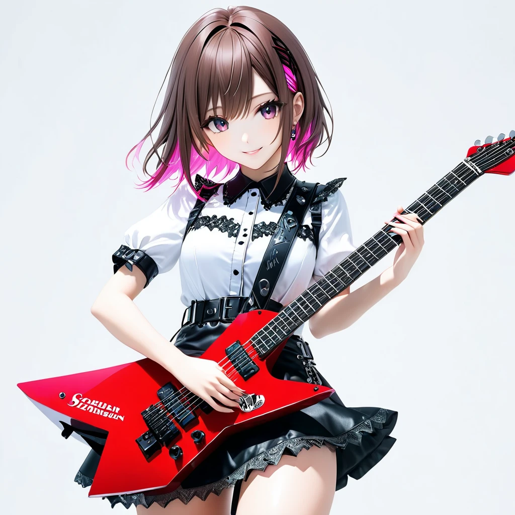 (((White background:1.2)))、(masterpiece、Ultra HD、Masterpiece、４K)、A Scandinavian gothic metal girl playing a flashy electric guitar, Intense gaze into the camera, Highly detailed eyes, Brown bob hair、White and pink gothic dress,smile、mini skirt、Intense movement、Uplifting、looks fun