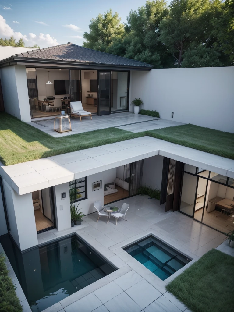 Modern architecture, foyer for house with central courtyard. In the courtyard you have a sitting area, a rendering of a house with a pool and trees in the yard, concept house, lumion render, architectural render, vue 3d render, architectural visualization, rendered in lumion pro, architectural 3 d render, lumion rendering, architectural rendering, architectural visualisation, residential, detailed rendering, in style of 3d render, professional render, realistic 3 d style