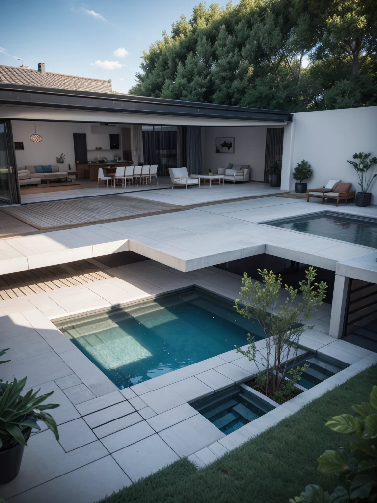 Modern architecture, foyer for house with central courtyard. In the courtyard you have a sitting area, a rendering of a house with a pool and trees in the yard, concept house, lumion render, architectural render, vue 3d render, architectural visualization, rendered in lumion pro, architectural 3 d render, lumion rendering, architectural rendering, architectural visualisation, residential, detailed rendering, in style of 3d render, professional render, realistic 3 d style