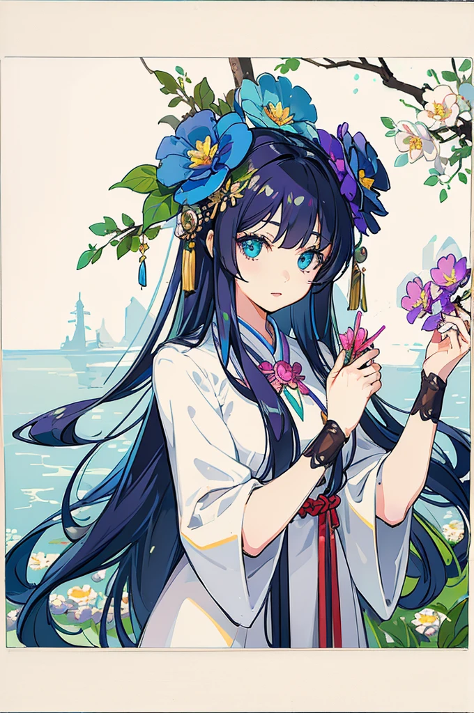secret flower, ankymoore,
1girl, solo, looking at viewer, blue eyes, green eyes, hair ornament, flower, hair flower,heterochromia, lipstick, kanzashi,