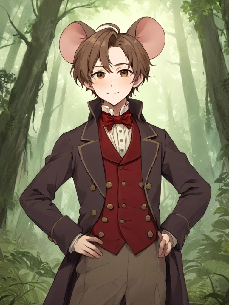 1boy, solo, kemonomimi, Mouse boy, mouse ears, mouse tail, chin length brown hair, brown eyes, young, short, hands on hips, 1840s era clothing, tattered clothing, Frock coat, red cravat, smirking, fair-skinned, looking up at viewer, forest background