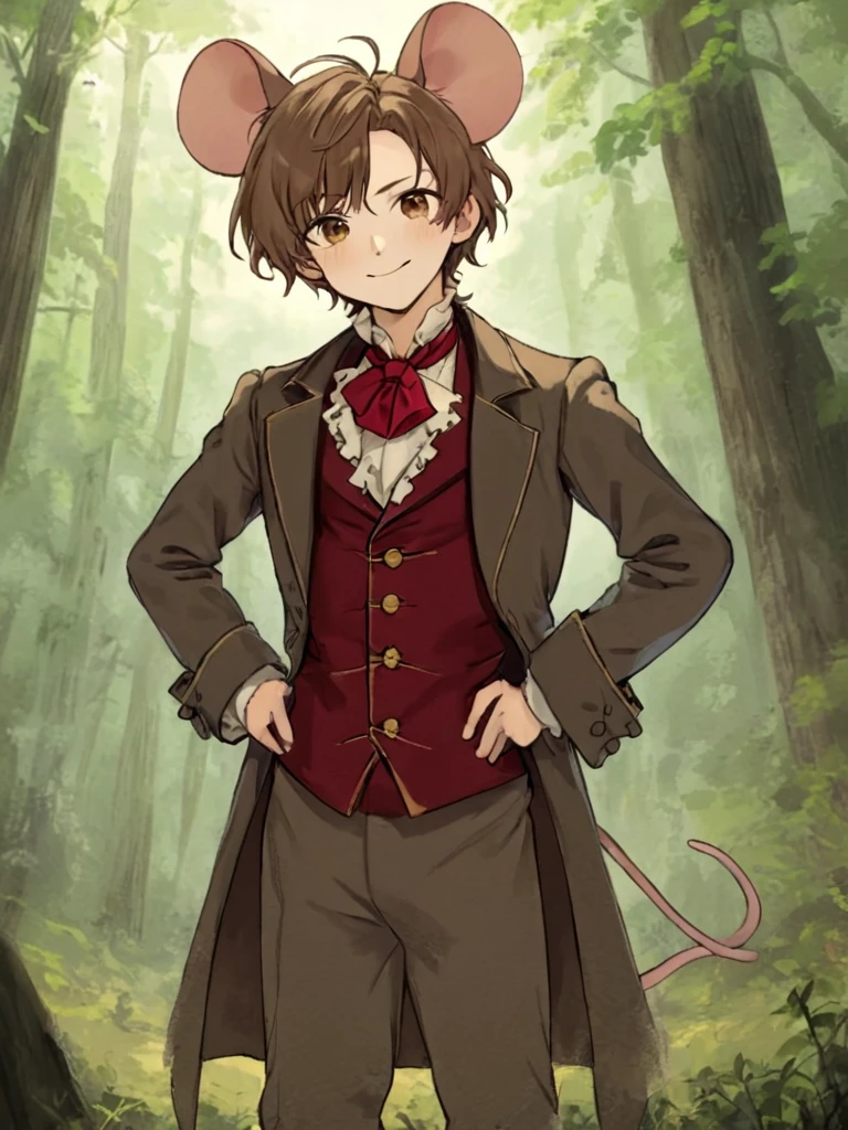 1boy, solo, kemonomimi, Mouse boy, mouse ears, mouse tail, chin length brown hair, brown eyes, young, short, hands on hips, 1840s era clothing, tattered clothing, Frock coat, red cravat, smirking, fair-skinned, looking up at viewer, forest background