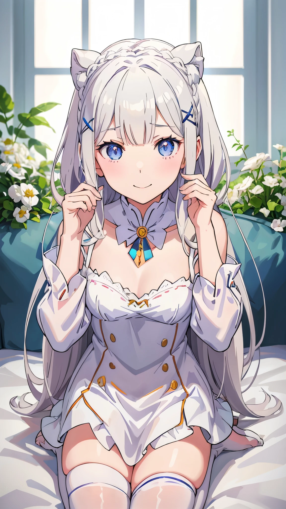 realisti、a girl、 Emilia Li:zero、Crown blade、Flower hair accessories、×Haarschmuck、grey hair、Long hair、purple eyes、Fantasies、Ice magic effect、Enlightenment、Piece flies、smile、mini skirt、white knee socks、