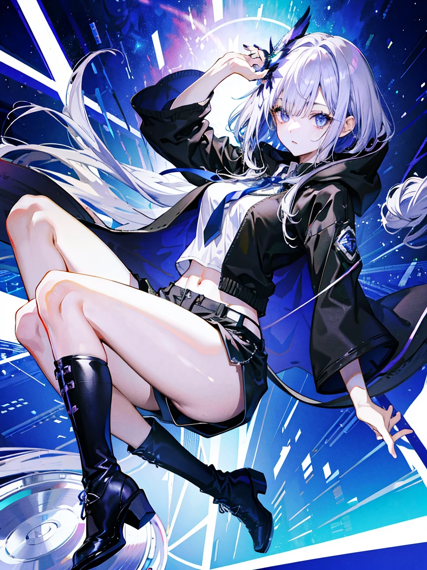 (Fine and beautiful eyes)、long hair,Long, blue-gray hair,Two moles,Mole under the eye,Beautiful purple eyes,Detailed eyes,Detailed face,Large breasts,Black Hoodie、Thin legs,Long black boots、High resolution eyes、Jewel-like eyes、Straight Hair、Minimally revealing clothing、Short, oversized black shorts、Shorts that cover the knees,Extreme Detail、High resolution、Shining Eyes