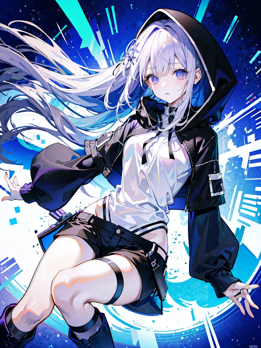 (Fine and beautiful eyes)、long hair,Long, blue-gray hair,Two moles,Mole under the eye,Beautiful purple eyes,Detailed eyes,Detailed face,Large breasts,Black Hoodie、Thin legs,Long black boots、High resolution eyes、Jewel-like eyes、Straight Hair、Minimally revealing clothing、Short, oversized black shorts、Shorts that cover the knees,Extreme Detail、High resolution、Shining Eyes