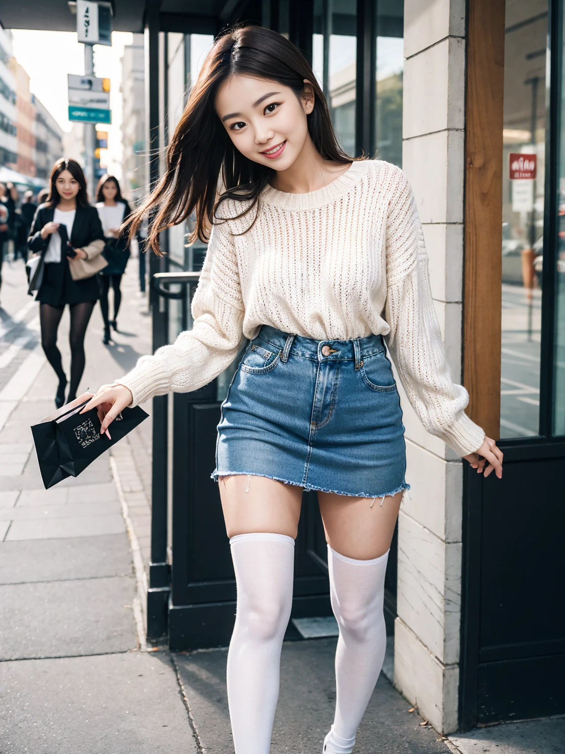 Full body portrait、The most beautiful woman who works as a newscaster、With shiny brown hair、go shopping、in a white sweater、Denim mini skirt、black tights、Wearing、Very fascinating.。She is full of confidence々smiled.、To the camera。her fashion and expressions、A perfect balance between cuteness and elegance、It draws the viewer in and doesn't let go.。Through this scene、Express her charm to the fullest。The whole body is visible!!!