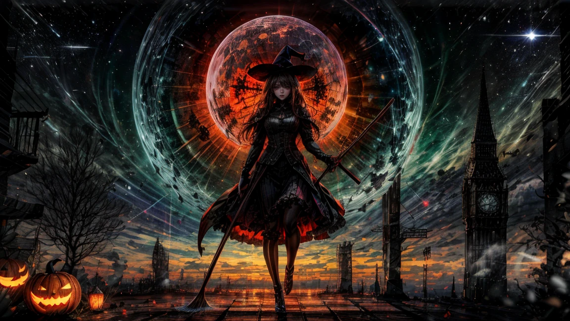 Generate a high-definition image of a witch riding a broomstick. The background is a windy night sky, and the witch is holding a Jack-o'-lantern. The witch is dressed in a black dress and a pointed hat, with her hair flowing in the wind. The witch should be playing a violin. The witch should be anatomically accurate and detailed. The overall atmosphere should be fantastical and magical.