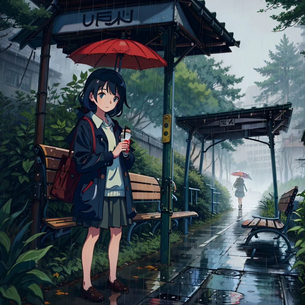 illustrated poster、Girl hiding in the rain at a bus stop in the forest、umbrellas、Benches、top-quality、(​masterpiece:1.1